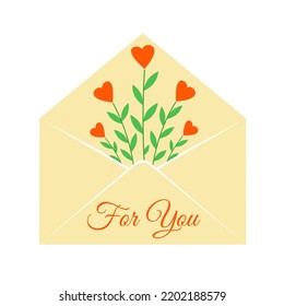 Envelope with flowers, red hearts and lettering For you. Romantic vector illustration. Design for Valentine's Day and holiday greeting card.