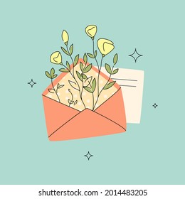 Envelope with flowers vector card. Flat and line contemporary design. Communication concept.