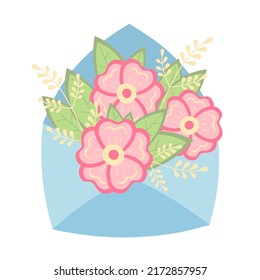 Envelope with flowers. Vector illustration with pink flowers and plants elements. Design for greeting card.