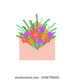 envelope with flowers. Vector Illustration for printing, backgrounds, covers and packaging. Image can be used for greeting cards, posters, stickers and textile. Isolated on white background.