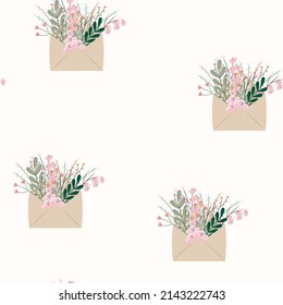 Envelope, envelope with flowers. Vector seamless background. Suitable for wallpaper, textiles, cover, gift wrapping. 