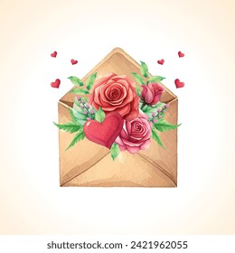 Envelope with flowers watercolor hand painting illustration for love wedding valentines day or arrangement invitation design greeting card.