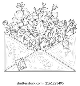 Envelope with flowers.Coloring book antistress for children and adults. Illustration isolated on white background.Zen-tangle style. Hand draw