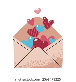 Envelope with flying hearts in flat cartoon style. Love message on white background. Valentine's day vector illustration for cards, stickers, banners, etc.