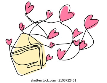 Envelope with flying hearts in one line on a white background. Cute romantic illustration in pastel colors. Vector image for the design of cards and wedding invitations.