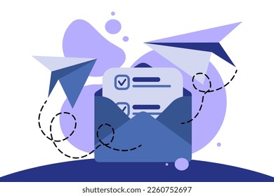 Envelope with flying paper planes. Email marketing and message concept. Sheet in an envelope with checkmarks. Modern vector illustration in light blue style.