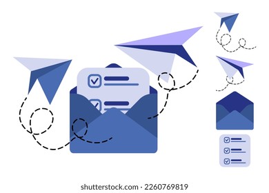 Sobre con planos de papel voladores. El marketing por correo electrónico y el concepto de mensaje. Hoja en un sobre con marcas de verificación. Ilustración vectorial moderna de estilo azul claro.