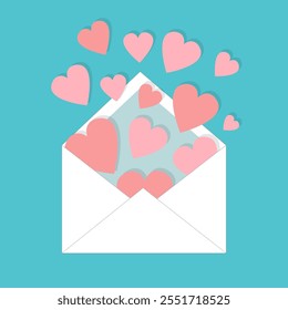 Envelope with flying pink hearts. Open paper letter. Happy Valentines Day. Love greeting card. Cute decoration element. Childish style. Flat design. Blue background. Isolated. Vector illustration.