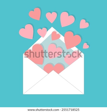Envelope with flying pink hearts. Open paper letter. Happy Valentines Day. Love greeting card. Cute decoration element. Childish style. Flat design. Blue background. Isolated. Vector illustration.