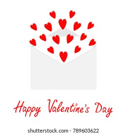 Envelope with flying red hearts. Open paper letter. Happypy Valentines Day. Love greeting card. Decoration element. Flat design. White background. Isolated. Vector illustration.