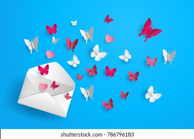
Envelope with flying red and white butterflies symbolizing love and romance on bright blue background.