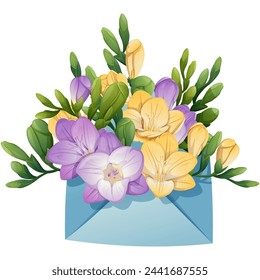 Envelope with freesia on an isolated background. Spring floral illustration. Delicate bouquet for decoration, design, cards, invitations, etc.