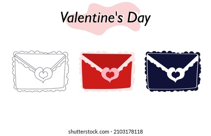 Envelope with fringe and hearts for Valentine Day. In color, solid and linear versions. A symbol of love and a Valentine Day holiday. Vector illustration.