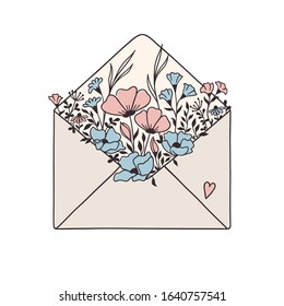 Envelope full of flowers, leaves and grass twigs. Hand drawn vector illustration