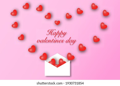 Envelope full of hearts Pink background with text Happy Valentines Day