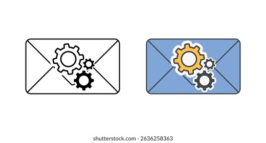 Envelope with gear icon in outline and color styles, vector graphic representing email settings, support mail configuration, or technical message assistance.