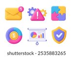 Envelope, gear, puzzle, diagram, chart, whiteboard, shield. Business 3d vector icon set. Cartoon minimal style.