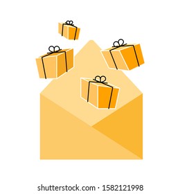 Envelope and gift box icon. Flat illustration. Isolated on white background. 