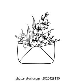 Envelope with gladiolus flowers, leaves and ladybug monochrome silhouette. Vector illustration design for wedding, postcard, Mother's Day gift, t-shirt print, clothing and other.