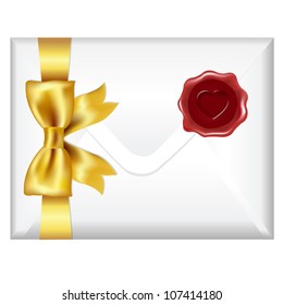 Envelope With Golden Bow And Wax Seal, Isolated On White Background, Vector Illustration