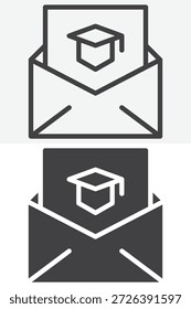 Sobre con la letra del sombrero de la graduación diverso sistema del icono del estilo. Versiones de líneas, contornos e iconos sólidos. Signo y Vector de trazo editable para la educación. Icono de correo.