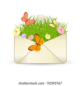 envelope with grass, flowers and butterflies  - summer mail