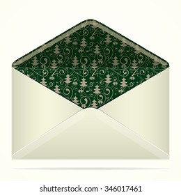  Envelope with green Christmas pattern with Christmas tree and bells. For Christmas celebration. Isolated vector illustration.