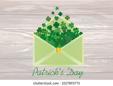 Envelope with green clover inside. St.Patrick 's Day. Vector illustration. Greeting card with empty space for text or advertising. On wooden background.