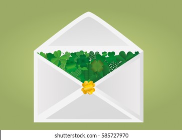 Envelope with green clover inside. St.Patrick 's Day. Vector illustration. Greeting card with empty space for text or advertising.