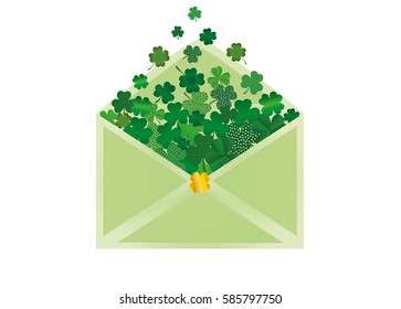 Envelope with green clover inside. St.Patrick 's Day. Vector illustration. Greeting card with empty space for text or advertising.