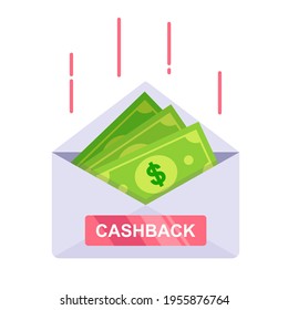 envelope with green money. cashback from the bank. flat vector illustration isolated on white background.