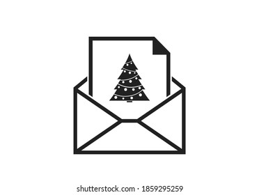 envelope with greeting card with Christmas tree icon. Christmas and New Year design element