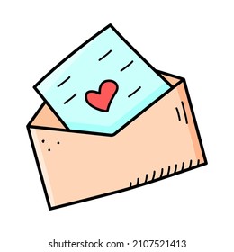 Envelope with a greeting card heart, vector doodle illustration, Valentine's day, style romance, declaration of love.