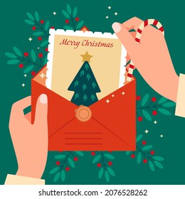 Envelope with a greeting card. Merry Christmas. Vector illustration in a flat style