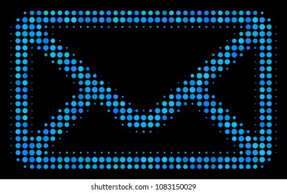 Envelope halftone vector icon. Illustration style is pixel iconic envelope symbol on a black background. Halftone matrix is constructed with round items.