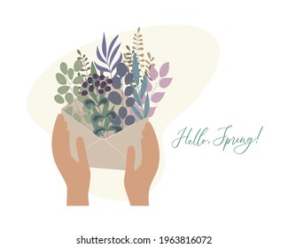 Envelope in hand. Inside a letter and botanicals of herbs and wildflowers. Romantic gift for a woman on any holiday. A symbol with a message about the beginning of spring, summer and love. Vector.