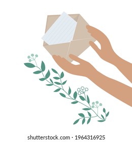 Envelope in hand. Inside is a letter, a branch with leaves. A symbol with a message about the beginning of spring, summer and love.  Vector floral illustration.