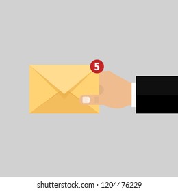 Envelope in hand. Letter. 5 new notifications. Vector illustration. Flat design for business financial marketing banking advertising web concept cartoon illustration.