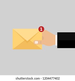 Envelope in hand. Letter. One new notifications. Vector illustration. Flat design for business financial marketing banking advertising web concept cartoon illustration.