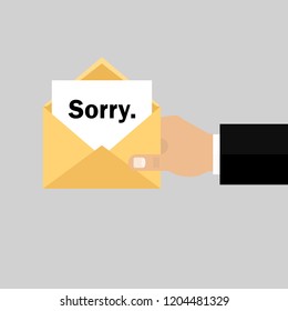 Envelope in hand. Letter : sorry. Vector illustration. Flat design for business financial marketing banking advertising web concept cartoon illustration.
