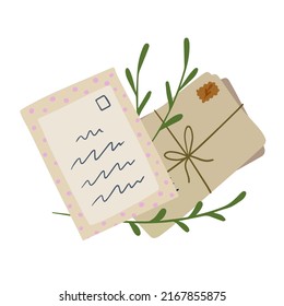 Envelope With Handwritten Letter In Craft Paper. Greetings And Correspondence And Green Plant. Handmade Sheet With Mail. Postal Invitation. Cartoon Illustration