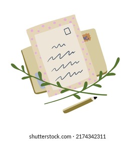 Envelope With Handwritten Letter In Craft Paper. Greetings And Correspondence And Green Plant. Handmade Sheet With Mail. Postal Invitation. Cartoon Illustration