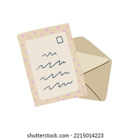 Envelope With Handwritten Letter In Craft Paper. Greetings And Correspondence. Handmade Sheet With Mail. Postal Invitation. Cartoon Illustration