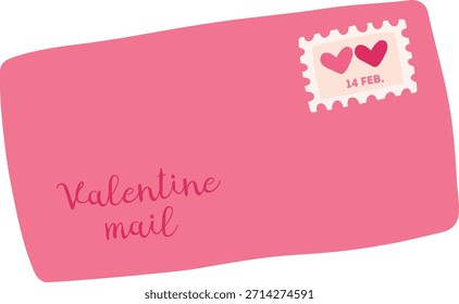 Sobre con texto escrito a mano del correo de San Valentín y sello de corazón fechado el 14 de febrero, diseño de postal rectangular redondeado. Símbolo de mensaje de amor, saludo romántico, nota de afecto. Ilustración vectorial de dibujos animados.