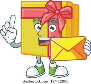 With envelope Happy face yellow gift box mascot cartoon style