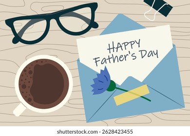 envelope with Happy Father's Day greetings on wooden desk- vector illustration