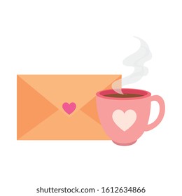 envelope with heart and cup coffee isolated icon vector illustration design