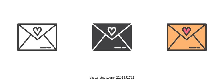 Envelope with heart different style icon set. Line, glyph and filled outline colorful version, outline and filled vector sign. Charity symbol, logo illustration. Vector graphics