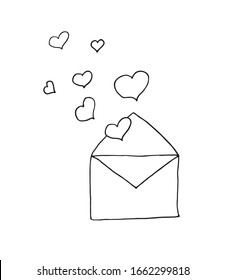 sobre con ícono vectorial de caricatura dibujada a mano con el doodle del corazón.