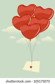 Envelope with heart flying high in the sky on a bunch of heart-shaped balloons